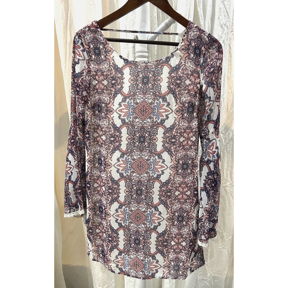 Xhilaration Shift Dress Womens XS Lace Trim Bell Sleeve Pink Bohemian Festival